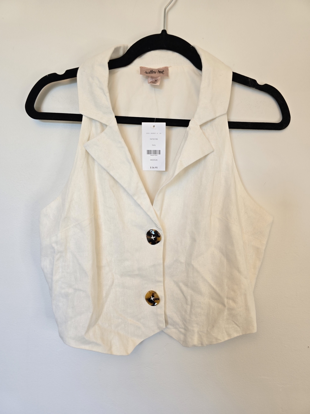 Willow & Root White Sleeveless Linen-Blend Button Vest